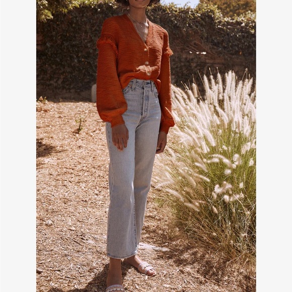 Saylor v-neck cardigan sweater burnt orange fringe accents size medium - Picture 9 of 10